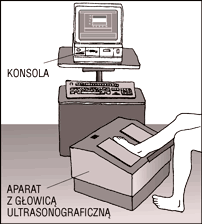 Schemat badania densytometrycznego kości przy pomocy aparatu wykorzystującego falę ultradźwiękową