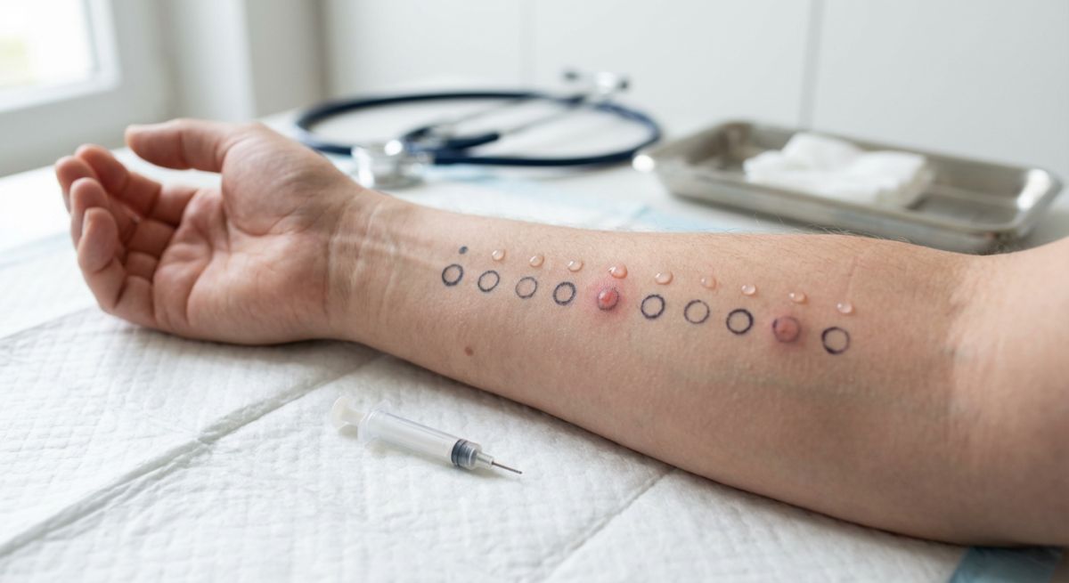 Przedramię pacjenta z rzędami małych kółek i kroplami alergenów, z kilkoma zaczerwienionymi bąblami świadczącymi o reakcji uczuleniowej; obok leży strzykawka, a w tle widać stetoskop i metalową tackę, co ilustruje wykonywanie alergenowych testów skórnych.
