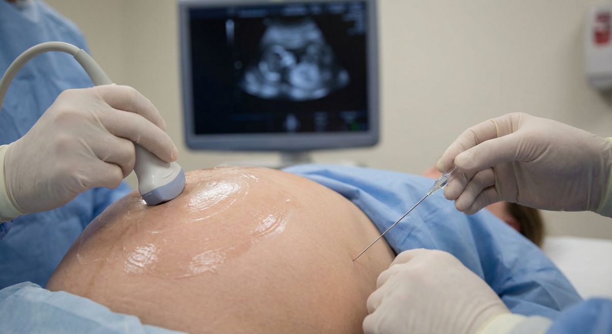 Zbliżenie na brzuch ciężarnej kobiety podczas amniopunkcji – lekarz prowadzi głowicę USG po skórze pokrytej żelem, a druga osoba w rękawiczkach wprowadza cienką igłę do jamy macicy, na ekranie w tle widoczny jest obraz USG płodu.