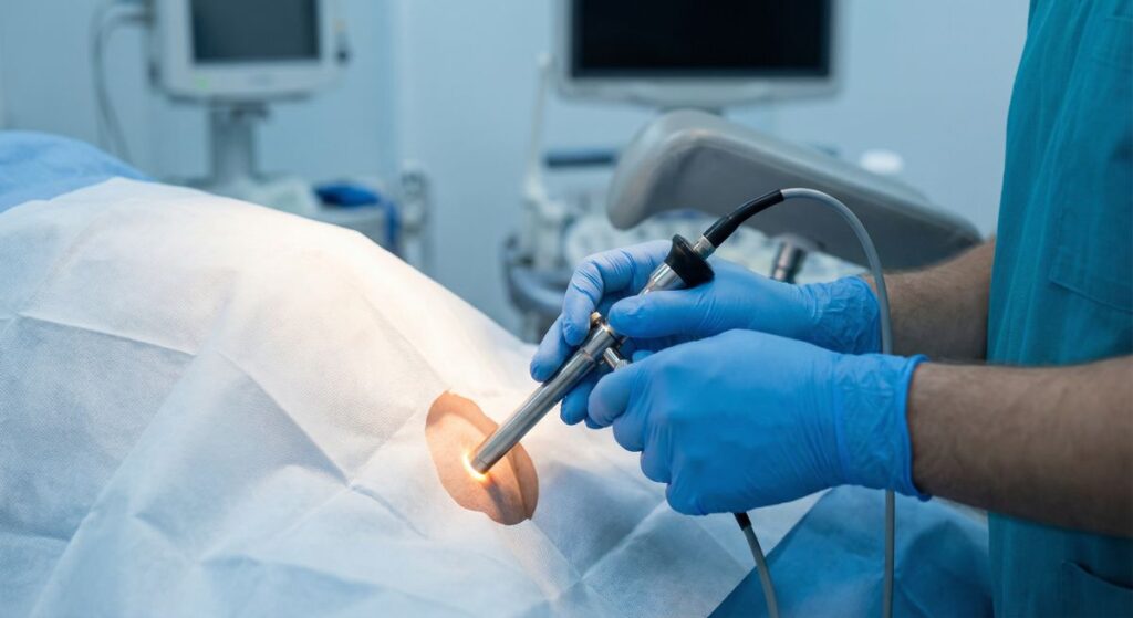 Zbliżenie na ręce lekarza w niebieskich rękawiczkach, który trzyma sztywny endoskop z własnym źródłem światła i wprowadza go przez niewielkie pole operacyjne w jałowym obłożeniu; w tle widać aparaturę medyczną, co ilustruje wykonywanie amnioskopii jako badania prenatalnego.