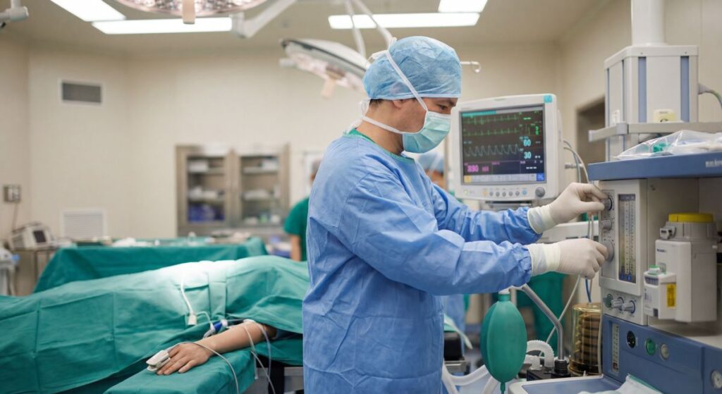 Anestezjolog w sali operacyjnej w sterylnym stroju obsługuje aparat do znieczulenia i monitoruje parametry życiowe pacjenta na monitorze anestezjologicznym.