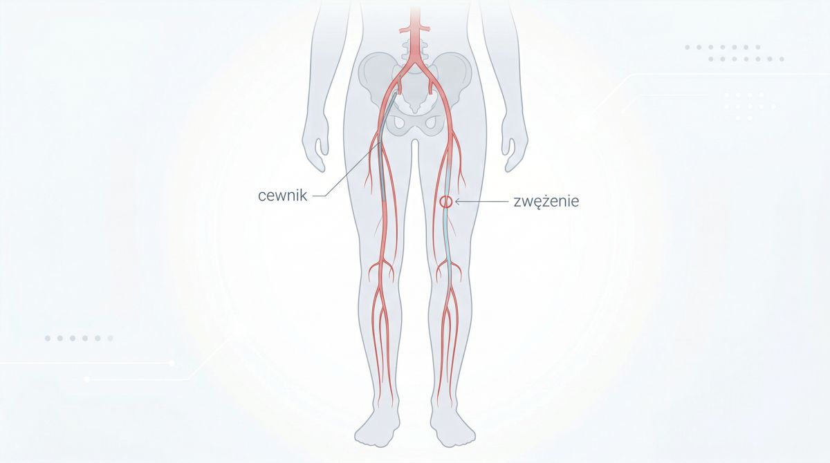 Schemat angiografii naczyń obwodowych pokazujący tętnice nóg, miejsce zwężenia oraz wprowadzony cewnik