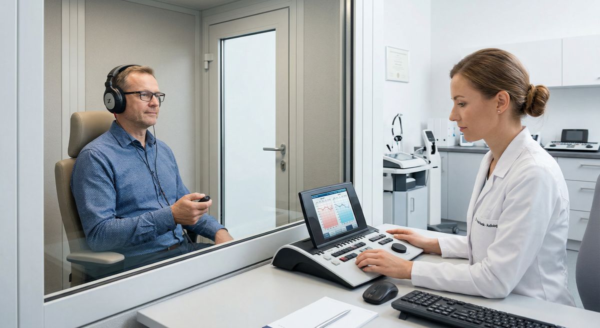 Pacjent w słuchawkach uczestniczy w badaniu audiometrycznym w kabinie, a audiolog analizuje wyniki na aparaturze