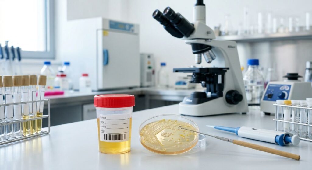 Próbka moczu oraz posiew bakteriologiczny w laboratorium podczas badania mikrobiologicznego