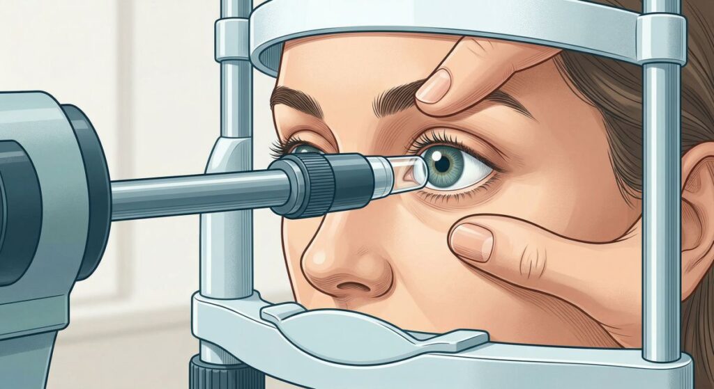 Schemat badania ciśnienia ocznego wykonywanego przy użyciu lampy szczelinowej w gabinecie okulistycznym