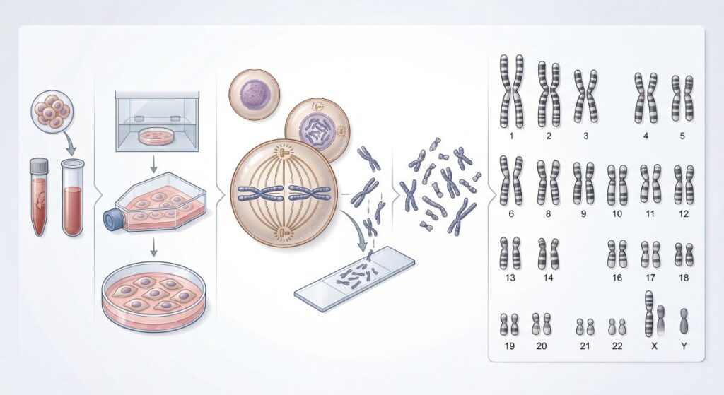 Schemat badania cytogenetycznego pokazujący hodowlę komórek, analizę chromosomów i przygotowanie kariotypu
