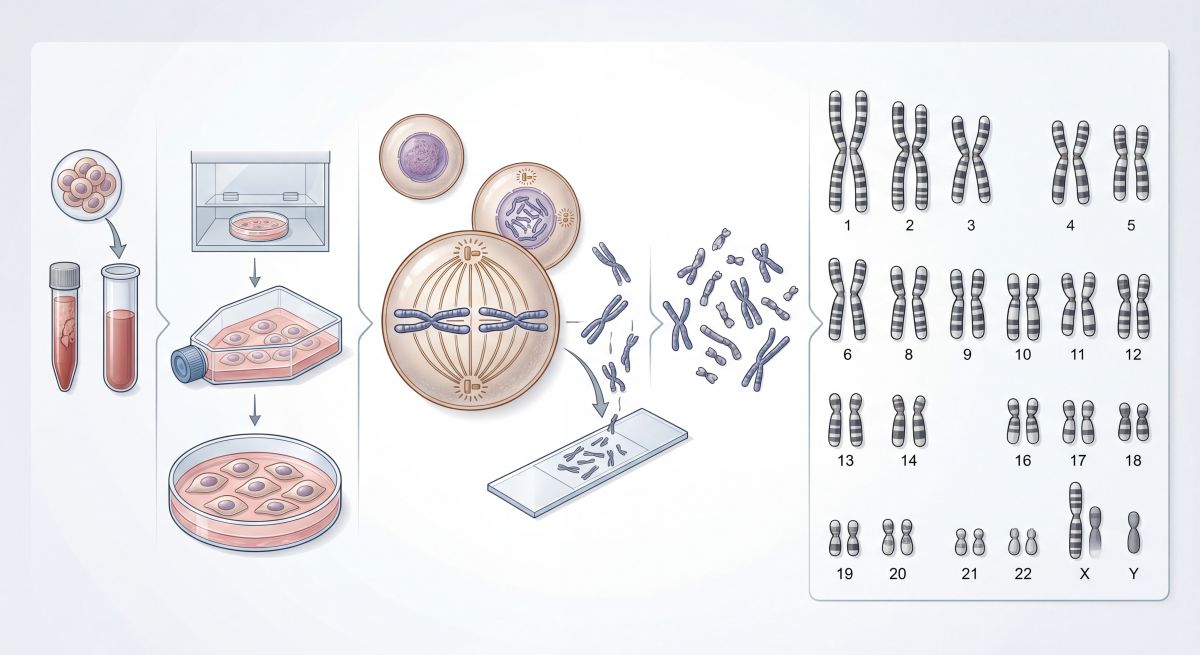 Schemat badania cytogenetycznego pokazujący hodowlę komórek, analizę chromosomów i przygotowanie kariotypu