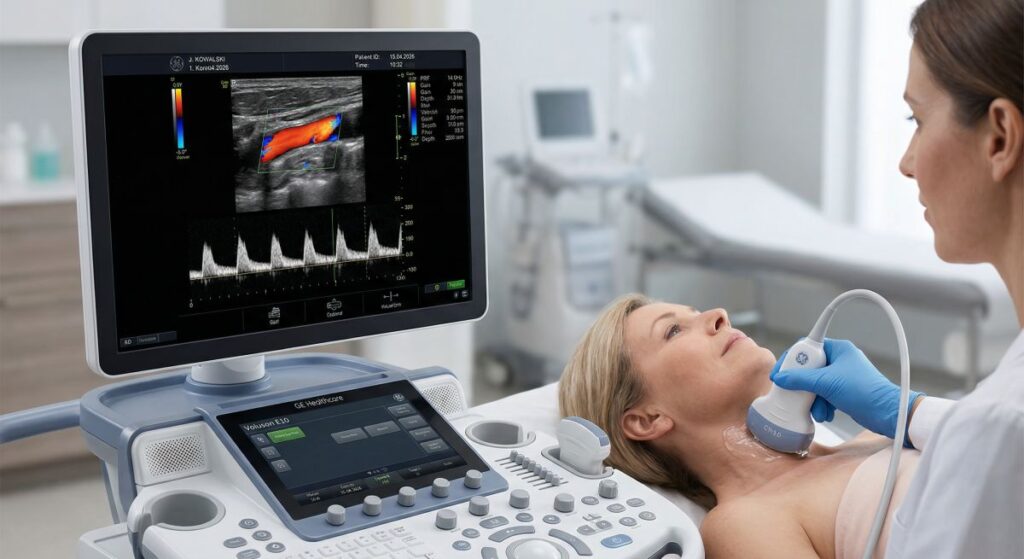 Lekarka wykonuje badanie dopplerowskie naczyń szyi u pacjentki, obserwując przepływ krwi na monitorze USG