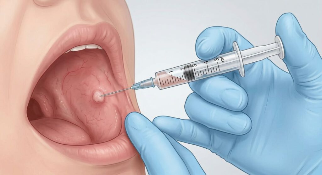 Schemat badania biopsyjnego w stomatologii pokazujący pobranie zmiany z błony śluzowej jamy ustnej