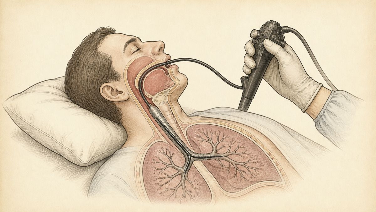 Przeglądowa ilustracja medyczna przedstawiająca bronchoskopię i wprowadzenie bronchoskopu do dróg oddechowych