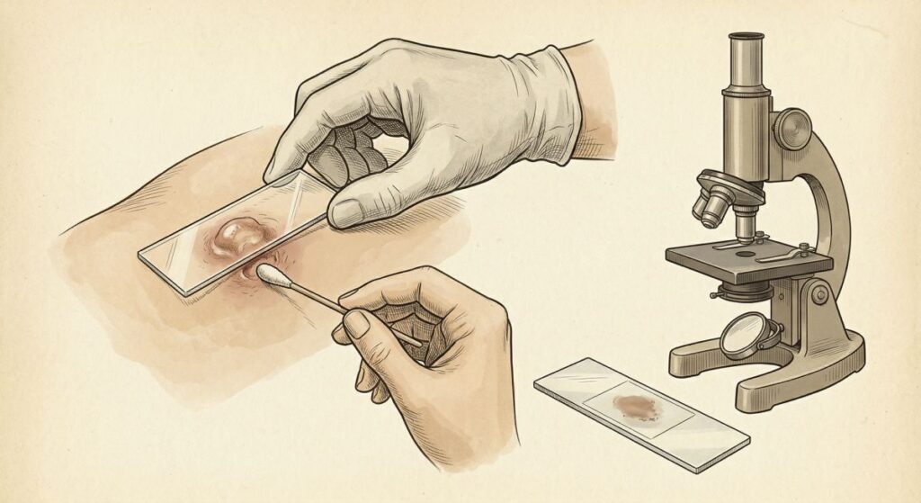 Schemat badania cytologicznego w dermatologii pokazujący pobranie materiału ze zmiany skórnej i ocenę pod mikroskopem