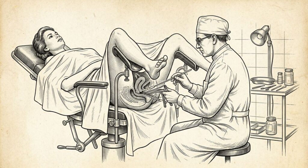 Schemat badania cytologicznego w ginekologii pokazujący pobranie materiału z szyjki macicy podczas badania