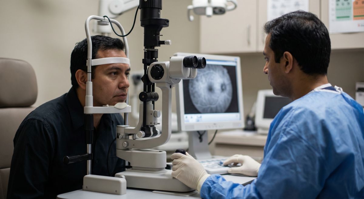 Pacjent siedzi przy aparacie do zdjęć dna oka (retinofot) z podpartą brodą i czołem, a okulista wykonuje badanie i obserwuje obraz dna oka na monitorze podczas fluoroangiografii.