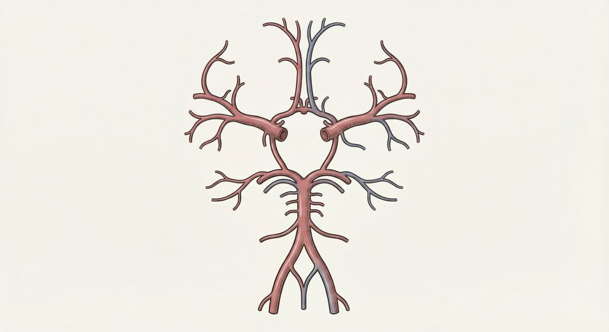 Schematyczna ilustracja naczyń tętniczych mózgu z kołem Willisa i głównymi odgałęzieniami, przedstawiona jako uproszczony diagram na jasnym tle, bez podpisów.