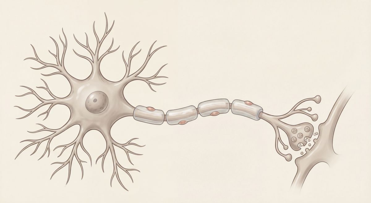 Schemat neuronu z dendrytami i aksonem w osłonce mielinowej oraz zakończeniem presynaptycznym tworzącym synapsę z kolejną komórką nerwową.