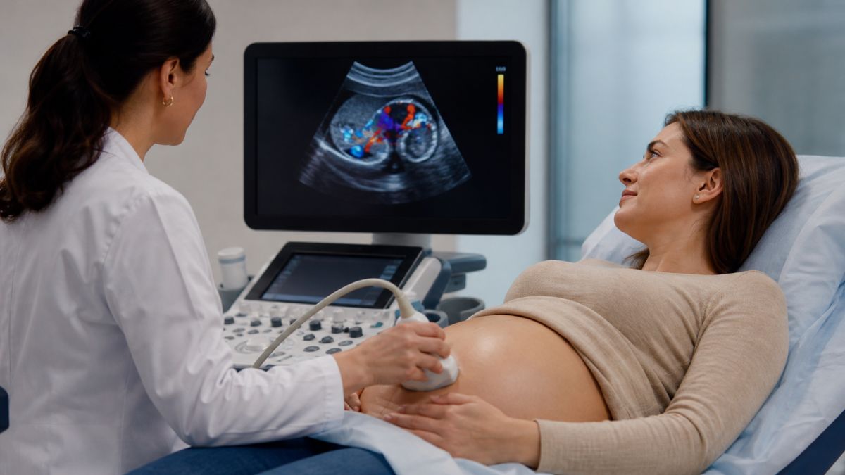 ekarz wykonuje ultrasonografię dopplerowską u kobiety w ciąży podczas badania USG w gabinecie