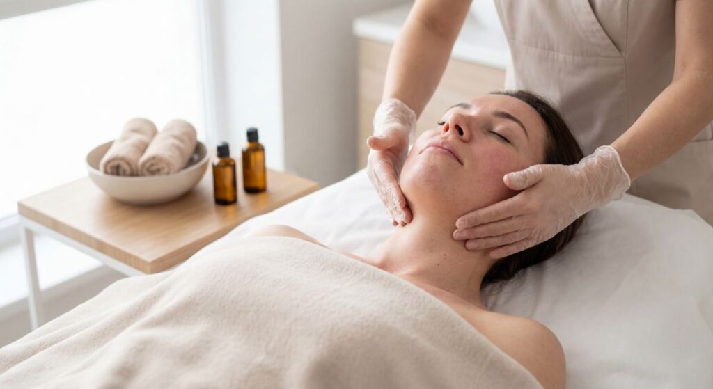 Relaksacyjny masaż twarzy w spa, z olejkami w tle i białymi ręcznikami na stoliku.