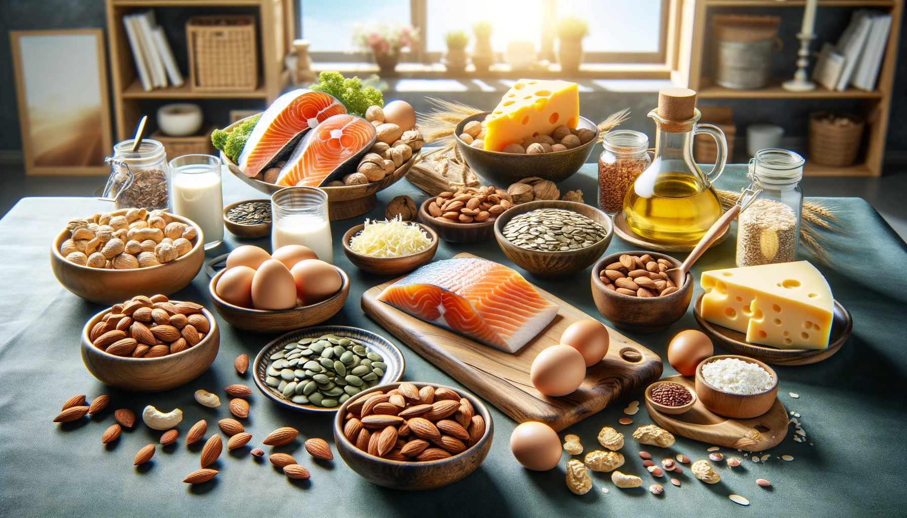 różne produkty spożywcze zawierające cynk rozłożone na stole np orzechy, jaja, strączki i ryby