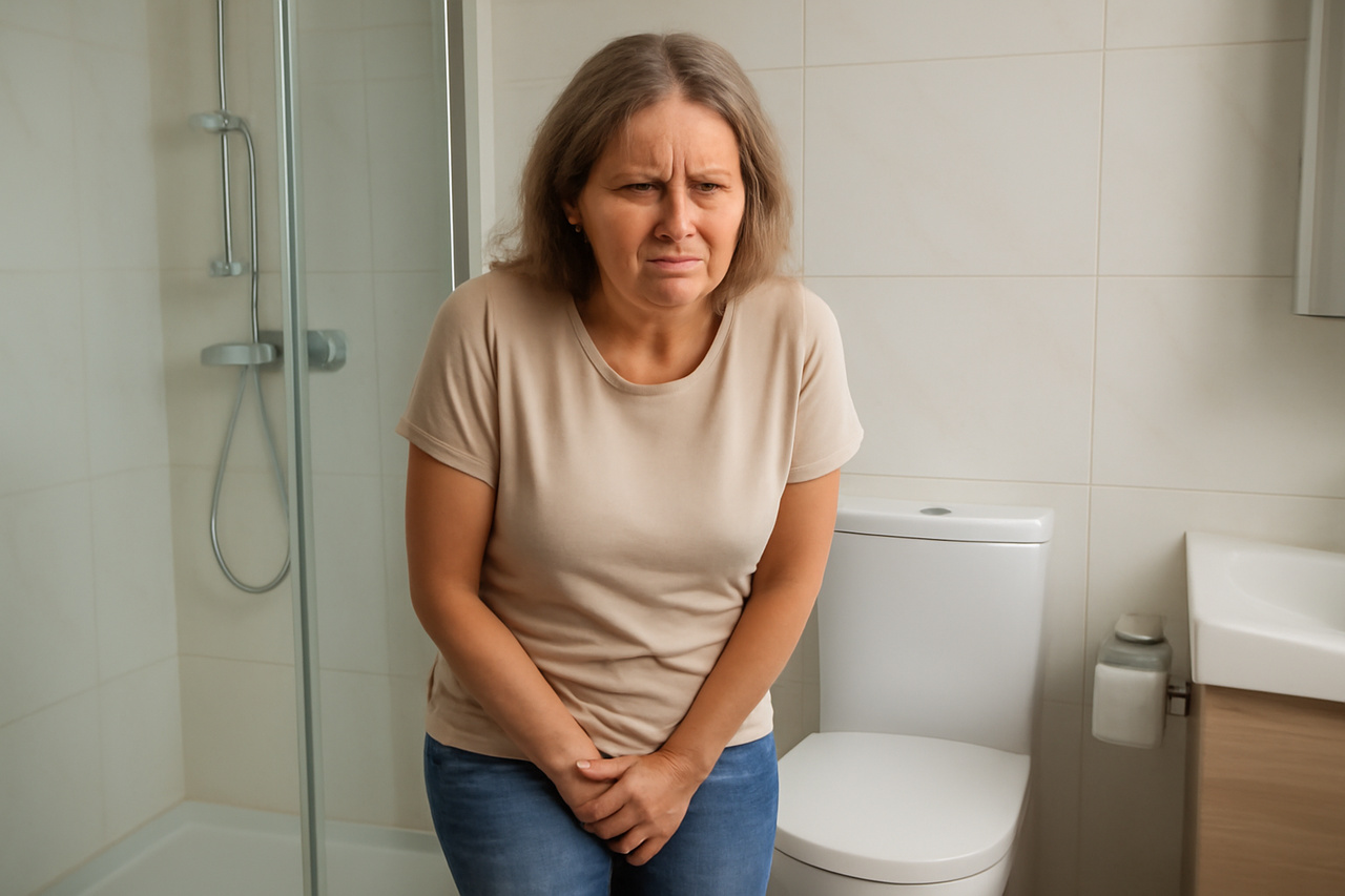 kobieta trzymająca się w okolicach pęcherza