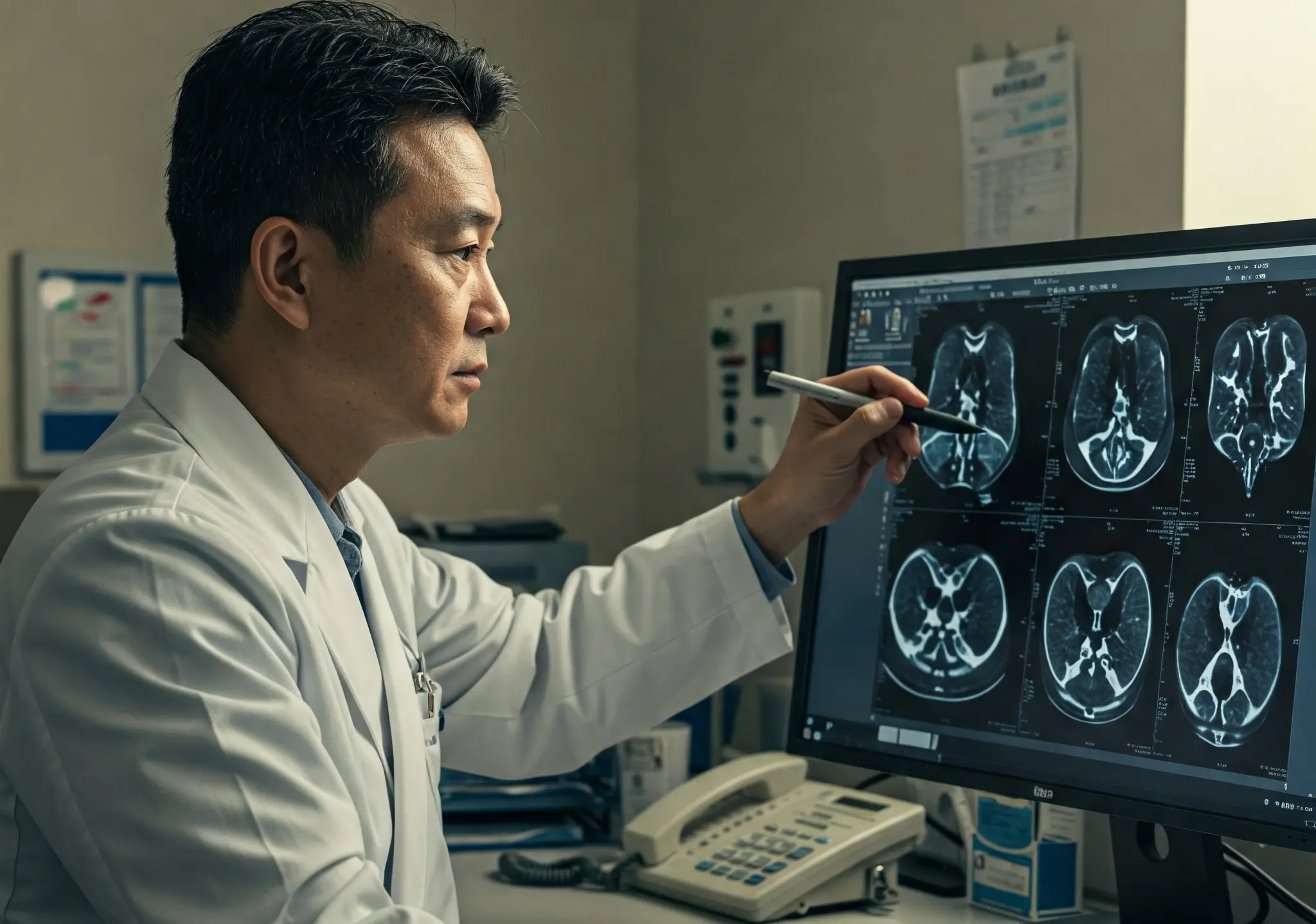 Lekarz analizuje rezonans magnetyczny mózgu pacjenta, koncentrując się na przysadce mózgowej