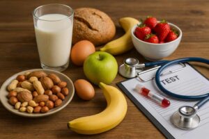 Różnorodne produkty spożywcze (orzechy, mleko, chleb, owoce) ułożone na drewnianym stole obok stetoskopu, fiolki z próbką krwi i formularza testowego, symbolizujące diagnostykę alergii i nietolerancji.