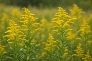 djęcie przedstawia kwitnącą nawłoć pospolitą (Solidago virgaurea) w naturalnym środowisku. Fotografia ukazuje charakterystyczne złociste wiechy i zielone liście rośliny.