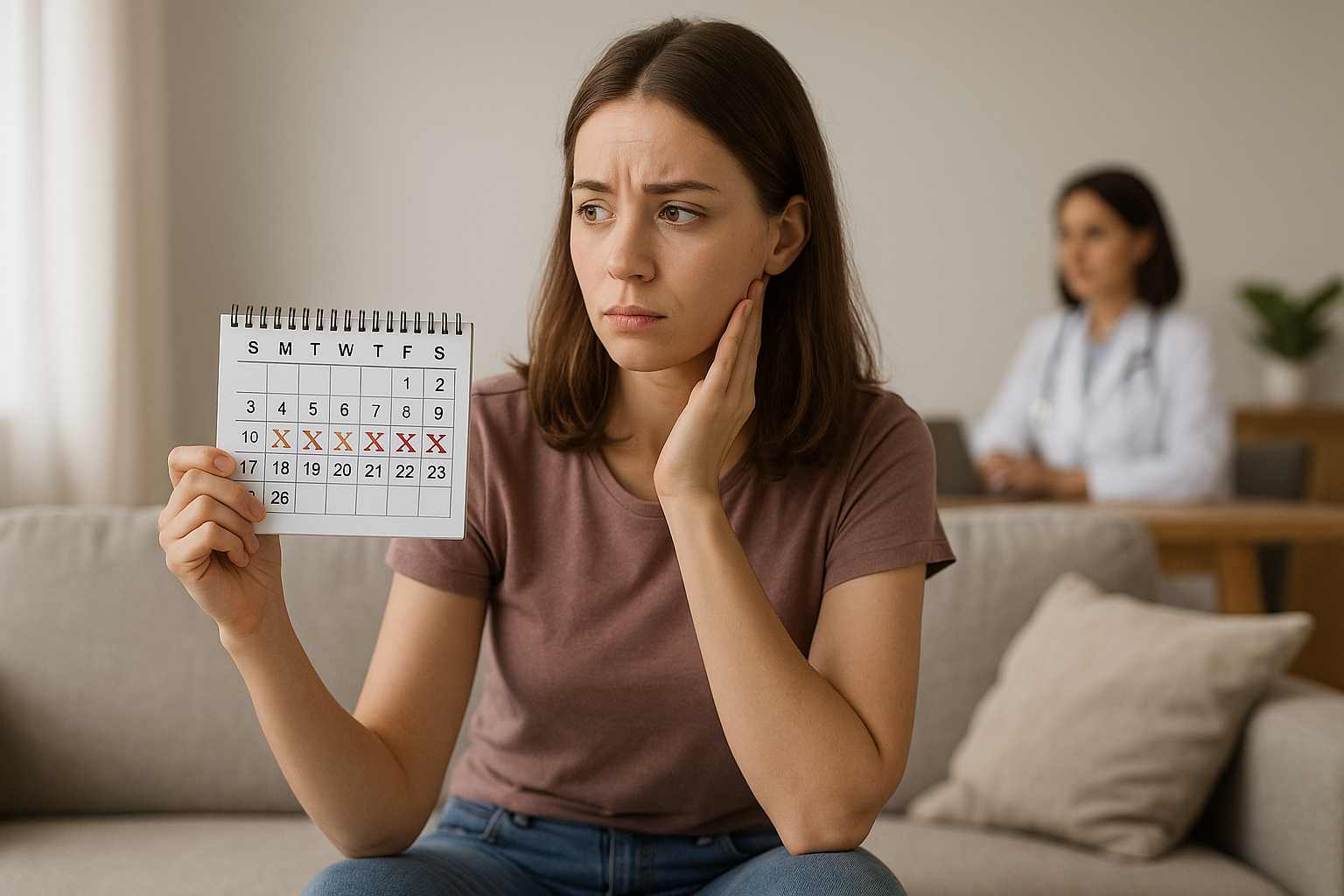 Zdjęcie przedstawia młodą kobietę siedzącą na kanapie w jasnym, nowoczesnym wnętrzu. Trzyma w dłoniach kalendarz z zaznaczonymi dniami cyklu menstruacyjnego i zamyślenie maluje się na jej twarzy. Ujęcie poziome, w realistycznym stylu, z naturalnym oświetleniem.