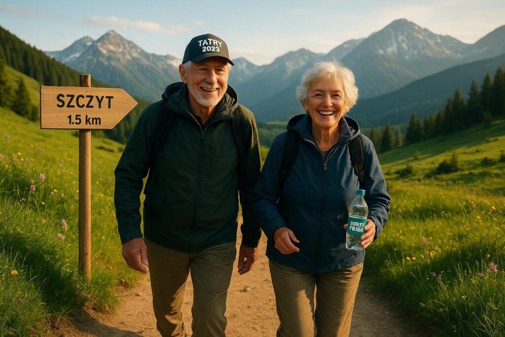 Para seniorów wędruje po górskim szlaku, ciesząc się aktywnością i zdrowiem na pięknej zielonej trasie