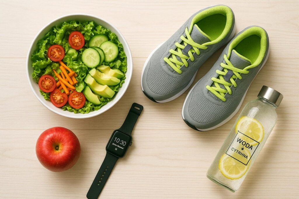 Kompozycja zdrowego stylu życia na drewnianym tle z sałatką, butami do biegania, zegarkiem sportowym, wodą z cytryną i jabłkiem.