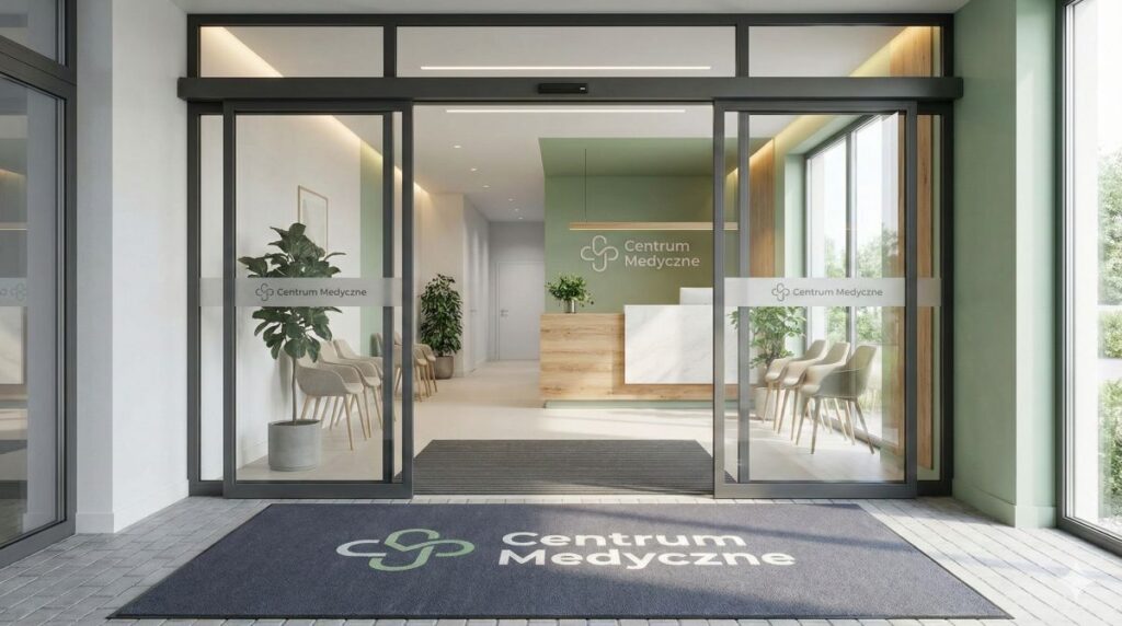 Wejście do nowoczesnego centrum medycznego z dużą matą wejściową przed drzwiami i w poczekalni, ilustrujące jak wynajem mat chroni pacjentów przed poślizgnięciem i urazami na śliskiej podłodze.