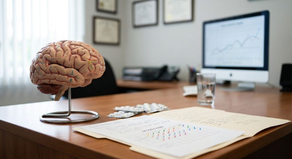 Model mózgu, tabletki i notatki z wykresem leżące na biurku w gabinecie lekarskim, ilustrujące działanie antydepresantów oraz możliwe skutki uboczne leczenia.