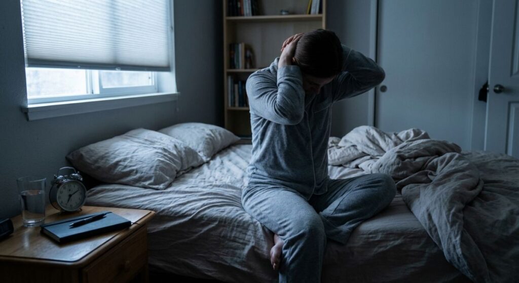 Osoba w piżamie siedzi w nocy na łóżku w ciemnej sypialni i trzyma się za głowę, ilustrując bezsenność oraz temat terapii bezsenności oczami psychologa i momentu, kiedy warto z niej skorzystać.