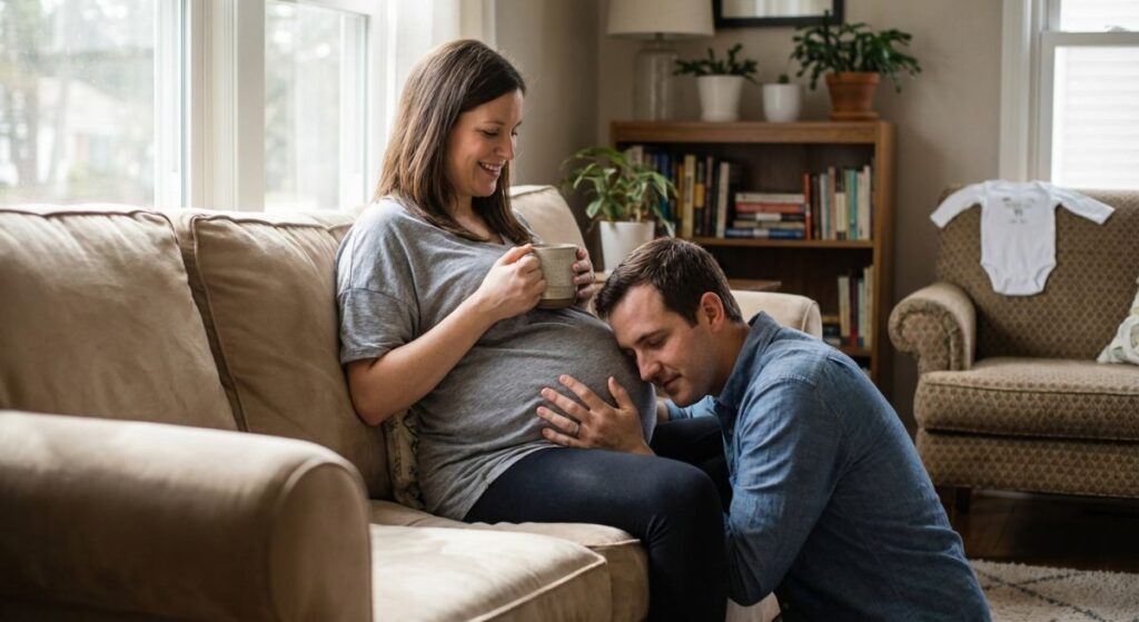 Uśmiechnięta ciężarna kobieta siedzi na kanapie, a partner przykłada głowę do jej brzucha, ilustrując ciążę po 35. roku życia oraz przygotowania do jej bezpiecznego przejścia.