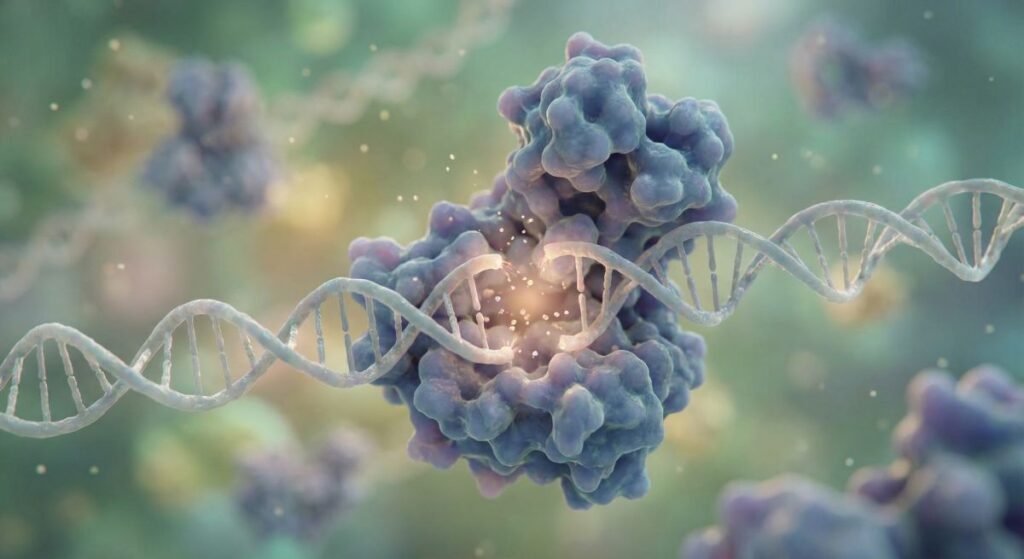 Ilustracja 3D przedstawiająca nić DNA przecinaną przez kompleks białkowy CRISPR-Cas9; wokół fragmentu helisy widać jasny rozbłysk symbolizujący edycję genu, co obrazuje, jak technologia CRISPR zmienia medycynę i możliwości leczenia pacjentów na poziomie genetycznym.