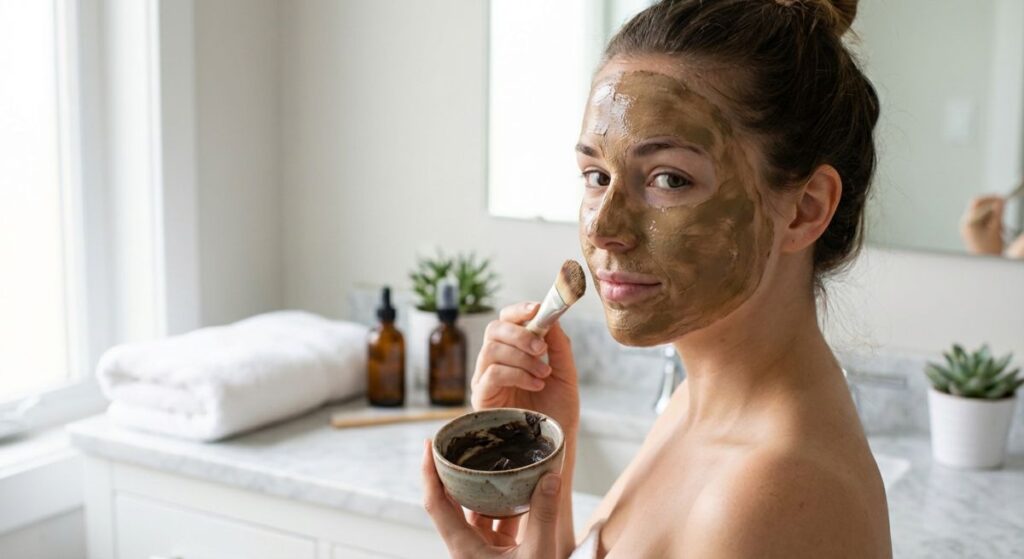 Kobieta w łazience nakłada pędzelkiem glinkową maseczkę na twarz z miseczki, ilustrując jak dobrać i stosować glinki w domowej pielęgnacji cery, żeby nie zaszkodzić skórze.