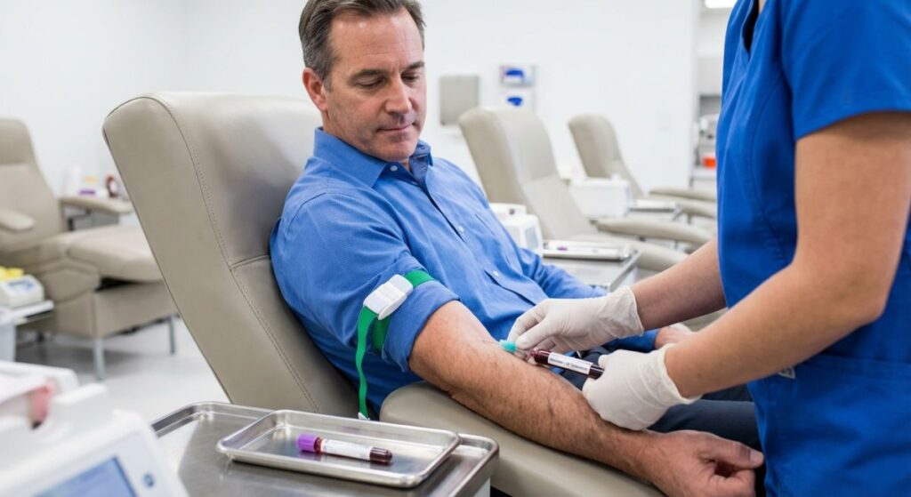 Mężczyzna oddaje krew do badania w gabinecie, co ilustruje oznaczenie hormonu luteinizującego LH i to, co wynik mówi o płodności.