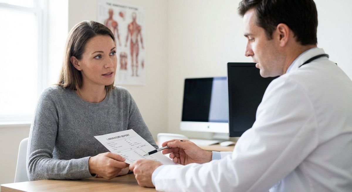 Pacjentka rozmawia z lekarzem o wynikach badań hormonalnych w gabinecie, ilustrując temat: hormony a masa ciała i sytuacje, gdy tycie to coś więcej niż tylko za dużo kalorii.