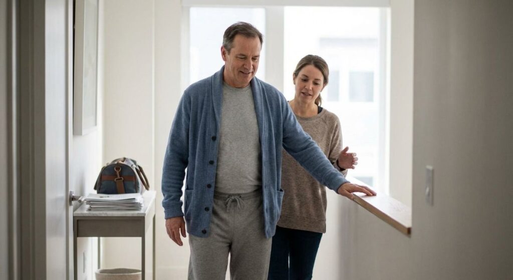 Mężczyzna po operacji idzie korytarzem w domu, podtrzymując się poręczy i korzystając ze wsparcia bliskiej osoby, ilustrując praktyczny poradnik jak dojść do siebie po zabiegu chirurgicznym.