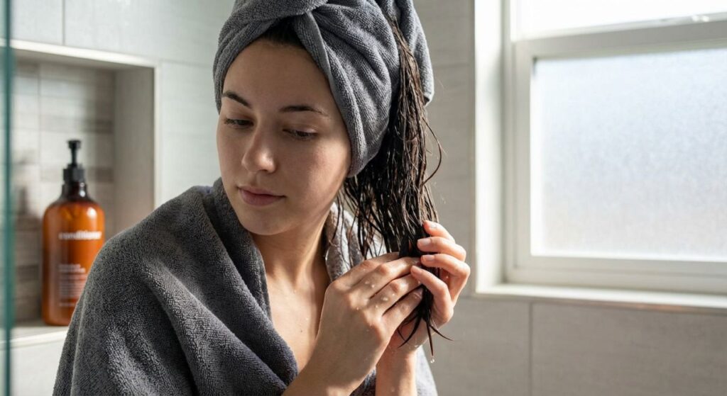 Kobieta owinięta ręcznikiem nakłada odżywkę na mokre włosy w łazience, ilustrując artykuł o tym, jak wzmocnić działanie odżywki do włosów i osiągnąć lepsze efekty w 5 krokach.
