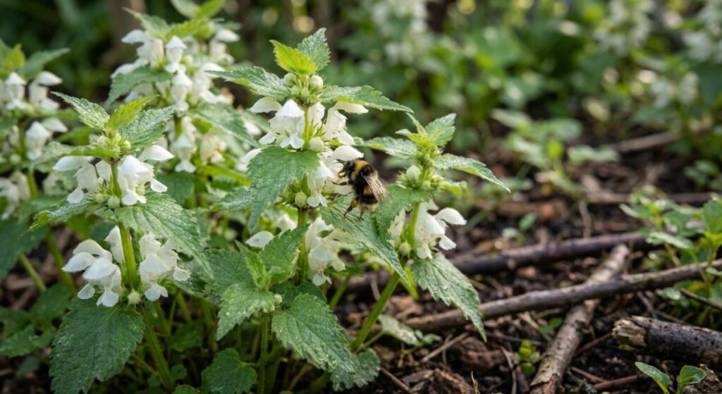 Kępka jasnoty białej, czyli głuchej pokrzywy, z kwitnącymi białymi kwiatami, na których żeruje trzmiel, ilustrująca uprawę i mądre wykorzystanie tej rośliny w domu i ogrodzie.