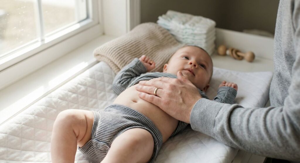Niemowlę w pasiastym body leży na przewijaku przy oknie, a dorosły delikatnie kładzie dłoń na jego brzuchu, jak przy uspokajającym masażu; w tle widać pieluchy i dziecięce akcesoria, co nawiązuje do łagodzenia kolki i dbania jednocześnie o komfort dziecka i rodzica.