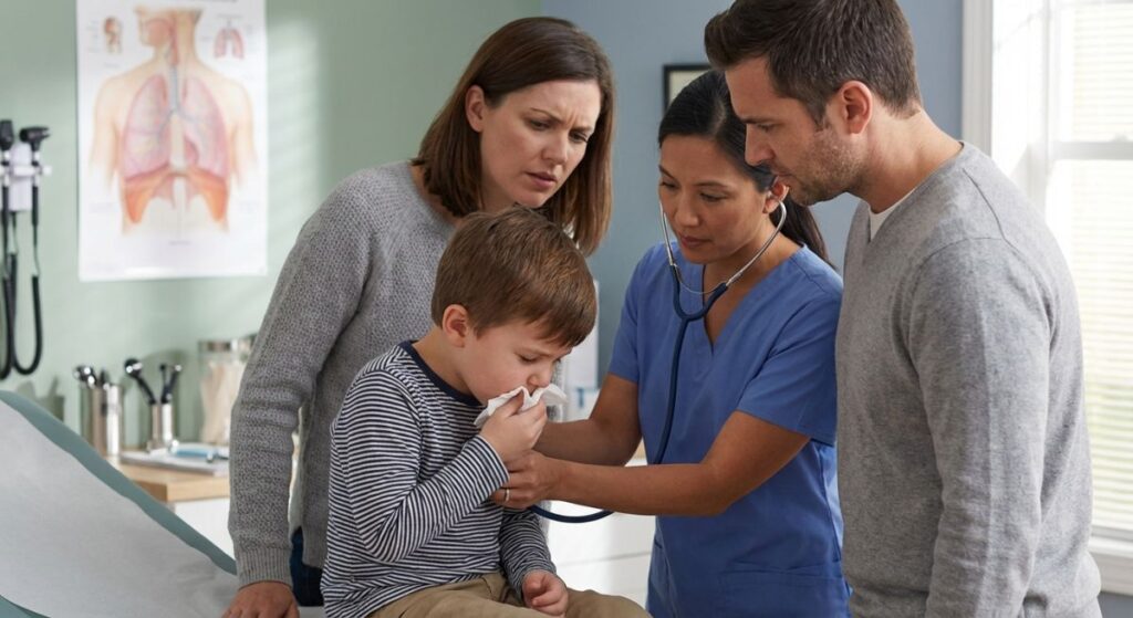 Lekarka osłuchuje klatkę piersiową chłopca z przewlekłym kaszlem, obok stoją zaniepokojeni rodzice, co ilustruje objawy mukowiscydozy u dziecka, których nie warto bagatelizować.