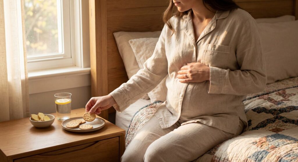 Ciężarna kobieta w piżamie siedzi na łóżku, jedną ręką obejmuje brzuch, a drugą sięga po suchy biszkopt z talerzyka stojącego na szafce nocnej obok szklanki wody z cytryną i miseczki z imbirem, co ilustruje naturalne sposoby łagodzenia dolegliwości ciążowych.