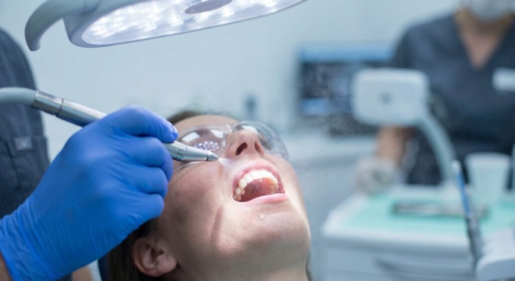 Pacjentka na fotelu stomatologicznym ma wykonywane piaskowanie zębów pod lampą zabiegową, ilustrując na czym polega zabieg i kiedy warto się na niego zdecydować.