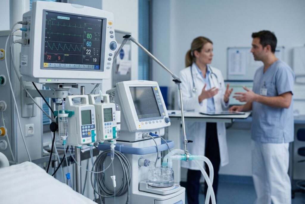 Sala intensywnej terapii z licznymi monitorami i pompami infuzyjnymi na pierwszym planie, w tle lekarz i pielęgniarz rozmawiają przy stanowisku, co nawiązuje do pytania, czy szpitale po pandemii są naprawdę wzmocnione, czy tylko lepiej wyposażone w sprzęt.