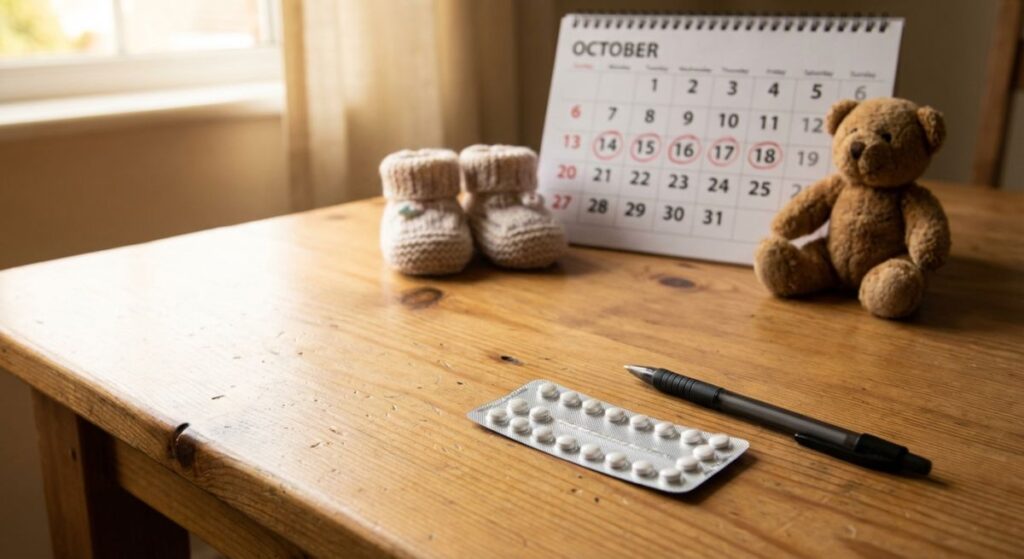 Blister tabletek antykoncepcyjnych i długopis leżą na stole, a w tle stoją dziecięce buciki, pluszowy miś i kalendarz z zaznaczonymi dniami, co ilustruje powrót płodności po odstawieniu antykoncepcji – co jest normą, a kiedy zgłosić się do lekarza.