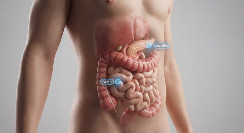 Ilustracja medyczna pokazująca tors człowieka z prześwitującym układem pokarmowym; przy trzustce zaznaczono hormon „secretin”, a w pętli jelita cienkiego „GLP-1”, co obrazuje współdziałanie hormonów jelitowych w utrzymaniu prawidłowego poziomu cukru we krwi.