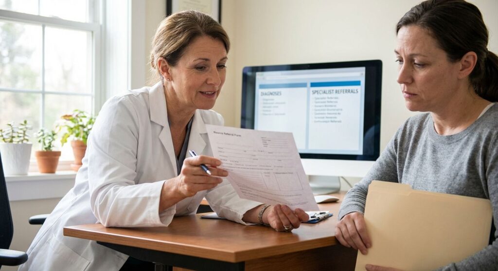 Lekarka omawia z pacjentką dokumentację medyczną w gabinecie, ilustrując mało znane specjalizacje lekarskie, które mogą skrócić drogę do trafnej diagnozy.