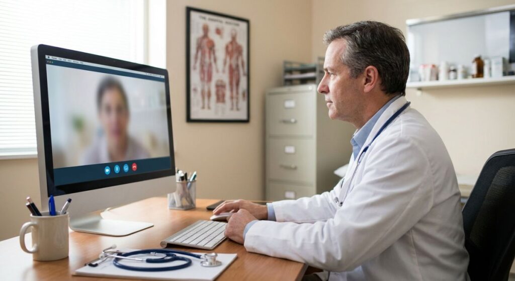 Lekarz w gabinecie prowadzi teleporadę z pacjentem przez komputer, ilustrując temat, kiedy zdalna konsultacja wystarczy, a kiedy lepiej umówić się na wizytę stacjonarną w gabinecie.