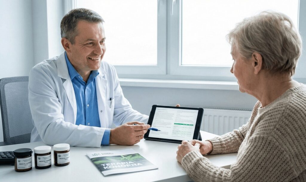 Lekarz omawiający z pacjentką terapię konopną podczas konsultacji, z tabletem i preparatami na biurku